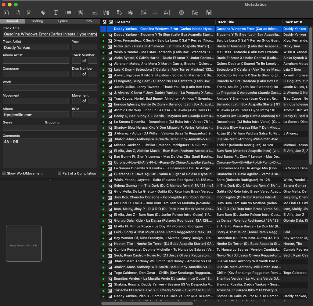 Listado de canciones en Metadatics
